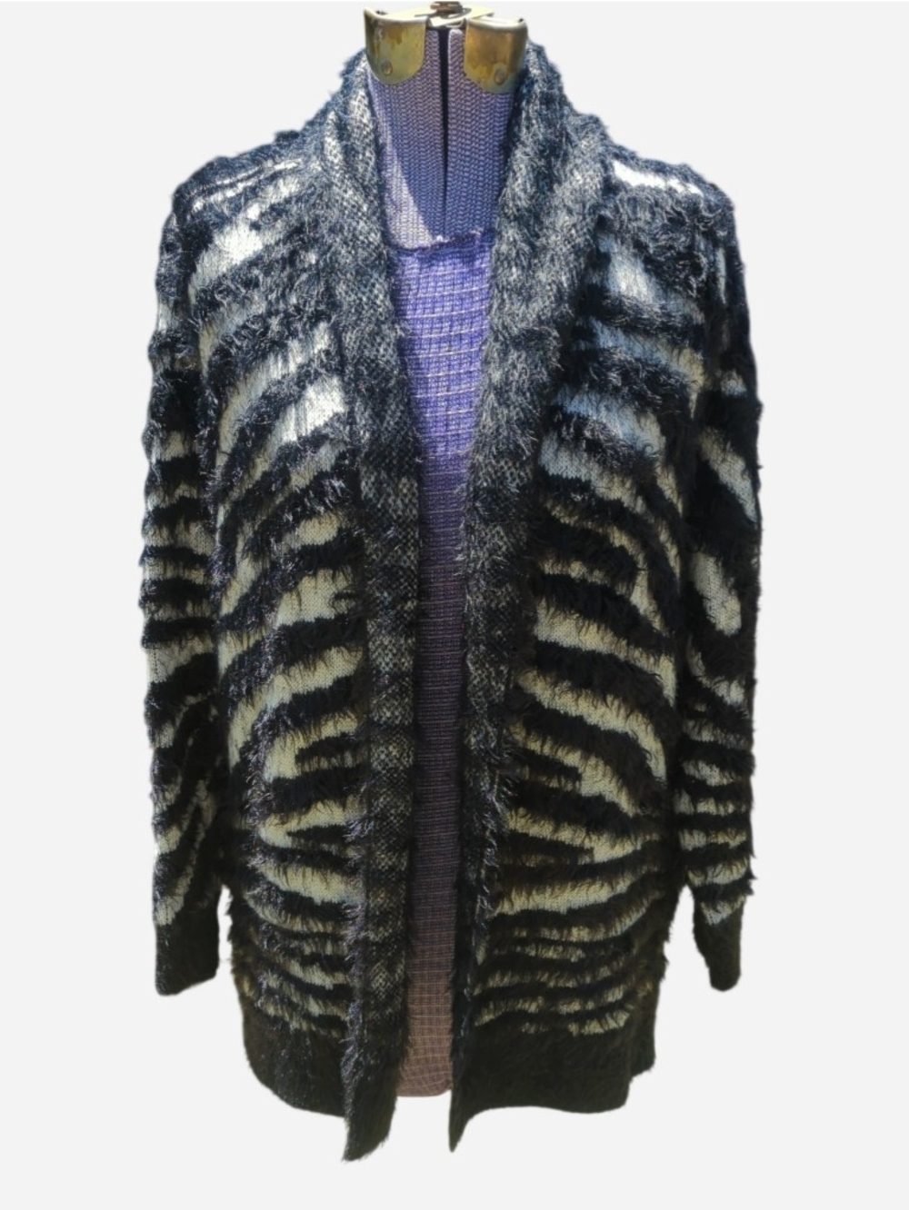 Open-Front Black and Cream Zebra-Print Cardigan Sz M